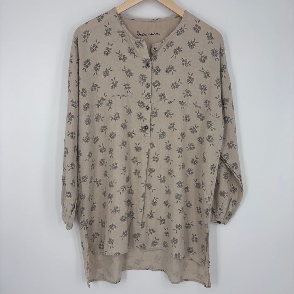 Gudrun Sjoden Linen Tunic Top Womens M Beige Floral Henley Lagenlook Boho Shirt